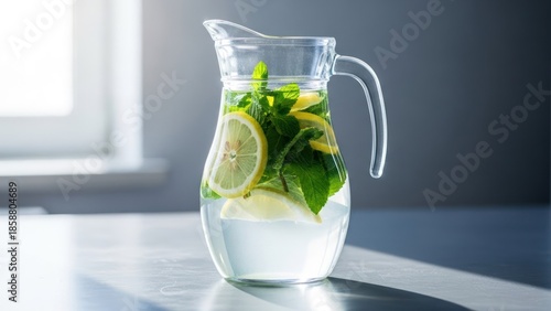 Wallpaper Mural Clear glass pitcher filled with water, lemon slices, and fresh mint leaves Torontodigital.ca