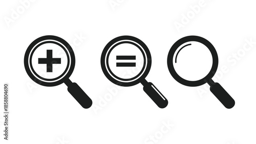 Three magnifying glasses displaying a plus equals and empty circle