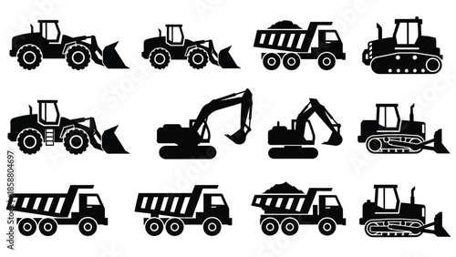 Collection of heavy construction machinery icons in black and white silhouette style