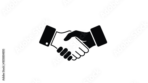 A simple black and white illustration depicting two hands in a handshake