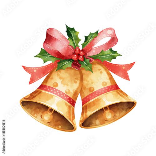 Bells With Red Ribbon and Holly for Christmas Decoration in Winter Setting