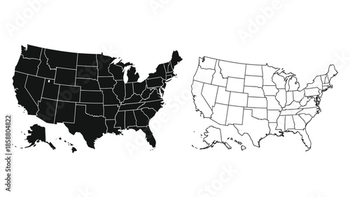 United states map with a filled and outline version displayed side by side