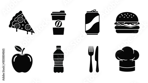 Black and white icons depicting various food and drink items