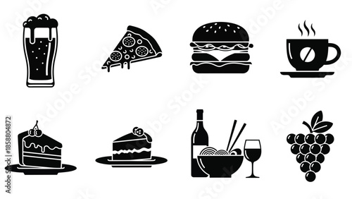 Black and white icons depicting various food and beverage items