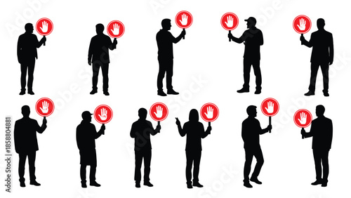 Silhouettes of people holding red stop signs in various poses