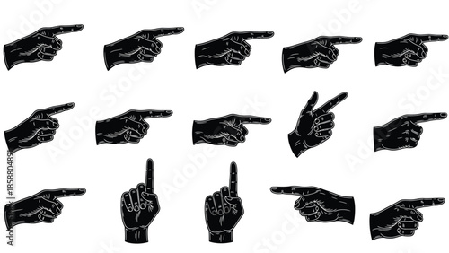 A collection of black silhouette hands gesturing various pointing directions