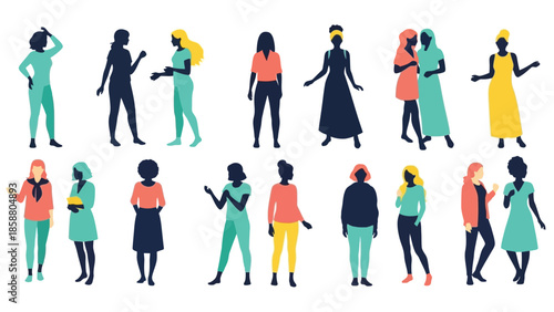 Diverse group of women in various poses and colorful silhouettes illustration