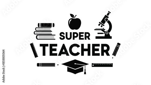 Super teacher badge with books apple microscope and graduation cap icons