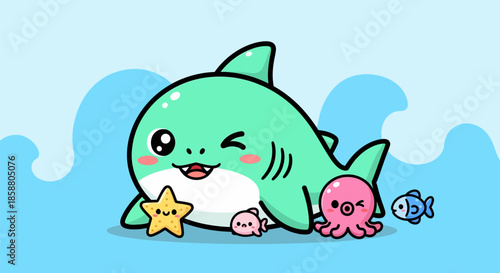 Cute cartoon shark with friends underwater scene.