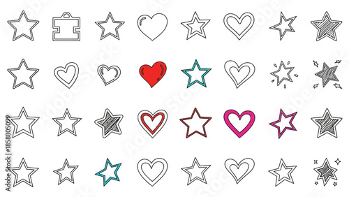 Collection of hand drawn stars hearts and geometric shapes in black and red
