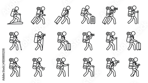 Line art illustration depicting various stick figures carrying luggage or bags
