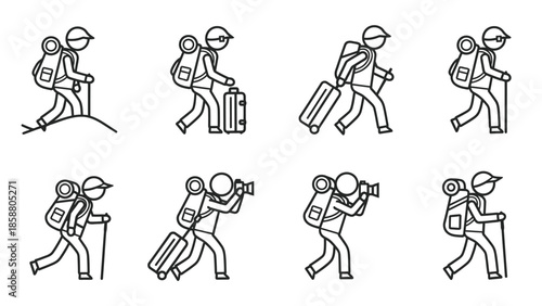 Line art illustrations of tourists with luggage and hiking gear