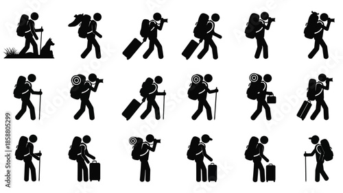 Silhouette collection of travelers with backpacks and luggage on the move