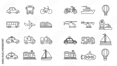 Collection of various transportation icons in a simple black and white style