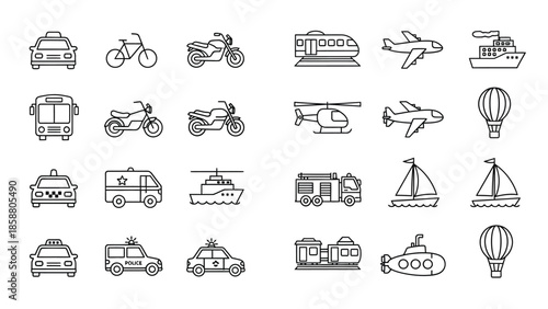 Variety of transportation icons cars motorcycles boats planes and other vehicles