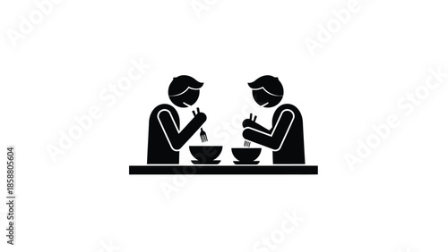 Two people eating together at a table symbolized with a simple icon