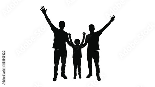 Silhouette of a family with hands raised in a celebratory moment