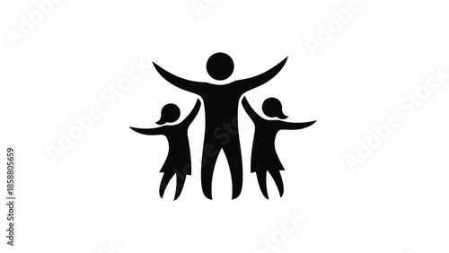 A simple black silhouette depicts a family with outstretched arms