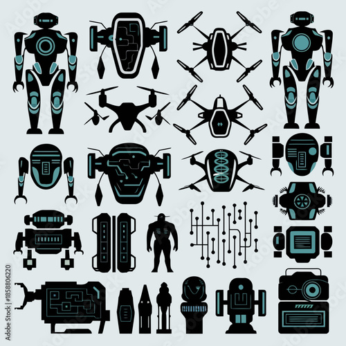 Collection of futuristic robots and drones in a variety of styles and designs