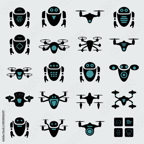Set of futuristic robots and drones in various styles and designs, vector illustration