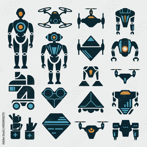 Collection of futuristic robots and drones in a flat design style