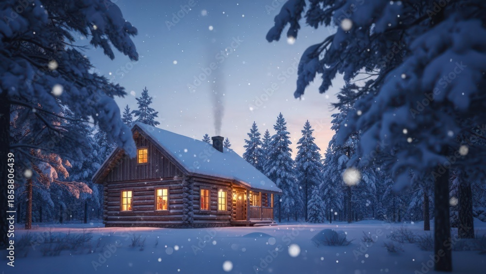 Fototapeta premium Cozy log cabin glowing warmly amidst a snow-laden, pine-forested winter landscape