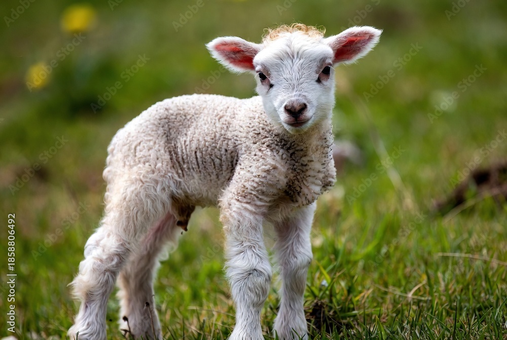 Obraz premium Adorable white lamb stands in a bright green pasture on a sunny day.