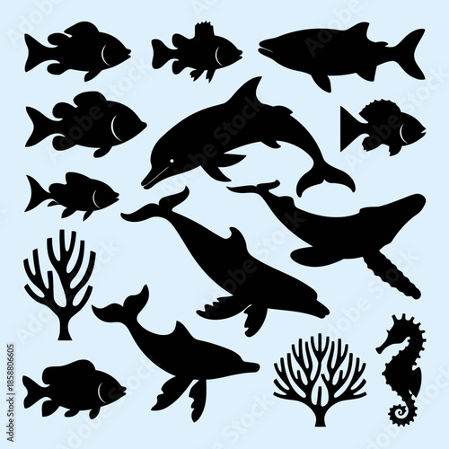 Black silhouettes of various sea creatures including fish, dolphins, and a seahorse on a light blue background