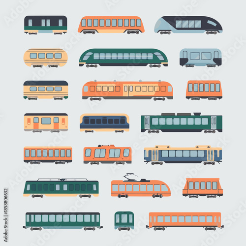 Collection of various colorful train models and designs, including trams, metro, and subway trains, illustrated in a flat style