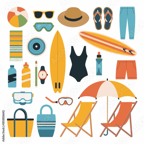 Collection of summer vacation items including beach gear, surfboard, sunglasses, and beach umbrella