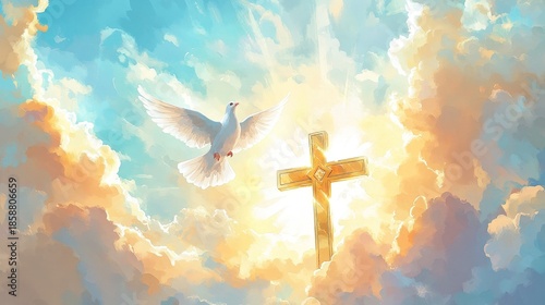 A painting of a white dove flying above a golden cross. The painting has a religious theme and conveys a sense of peace and hope