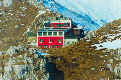 Rifugio Azzoni (Azzoni Alpine hut) near the top of mount Resegone. Orobie Alps, Lombardy, Italy