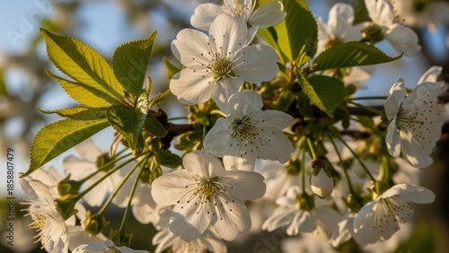 Delicate white blossoms and green leaves bathed in soft sunlight