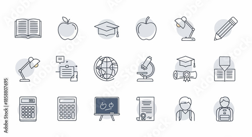 Collection of Education-Themed Line Icons with Subtle Color Accents.