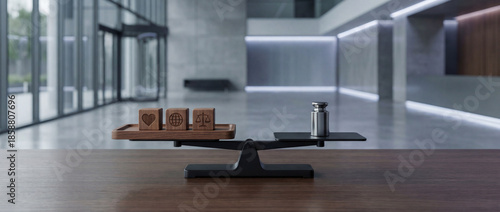 Human resources business ethics and professional organizational balance with wooden blocks and engraved icons for corporate integrity and management