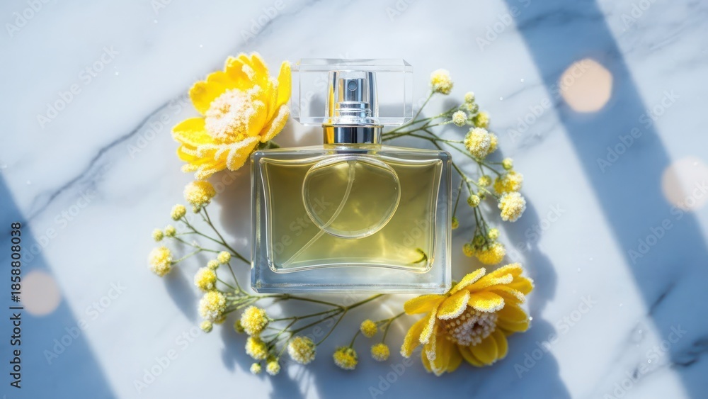 Elegant glass perfume bottle surrounded by delicate yellow flowers