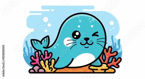 Cute cartoon seal winking underwater surrounded by coral.