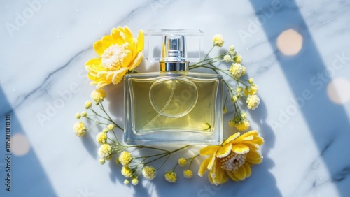 Elegant glass perfume bottle surrounded by delicate yellow flowers