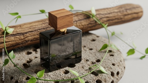 Elegant dark glass bottle with wood cap, natural elements