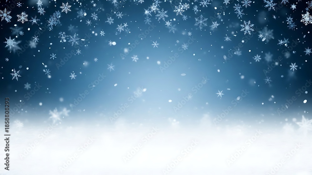 Fototapeta premium Snowfall background texture with dark blue gradient and falling snowflakes