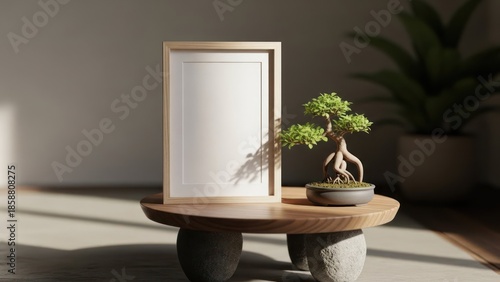 Empty wooden frame next to small bonsai tree on modern table