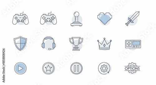 Set of Gaming Icons Representing Various Aspects of Video Games and Digital Entertainment.