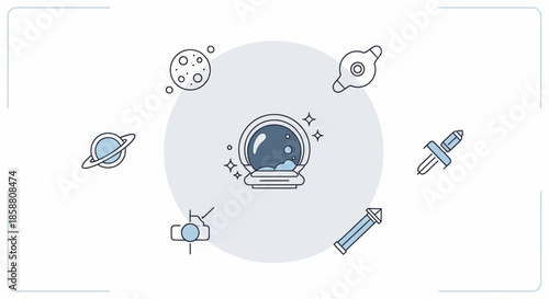 Astronaut Helmet Surrounded by Space Icons in a Circular Arrangement.