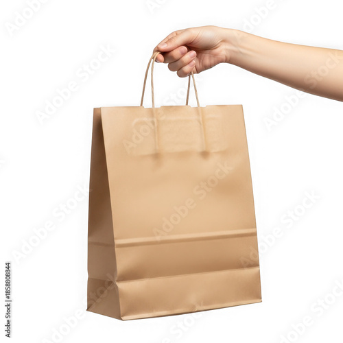 Hand holding brown paper bag isolated on transparent background