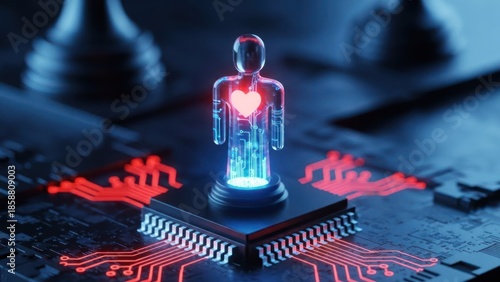Wallpaper Mural Futuristic digital human figure with glowing heart on circuit board Torontodigital.ca