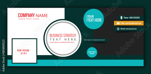 Business layout and branding design: A visually striking and modern business layout concept, with dedicated sections for company identity, profile picture, business strategy, and contact information.