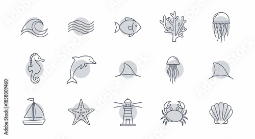 Ocean and Sea Life Icons Set with Marine Animals and Nautical Elements.