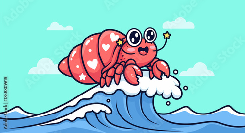 Cute Cartoon Hermit Crab Riding a Wave.