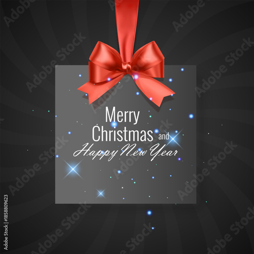 Merry Christmas and Happy New Year greeting card with a border is suspended by a realistic red satin ribbon with a voluminous bow. The background features a dark grey sunburst pattern