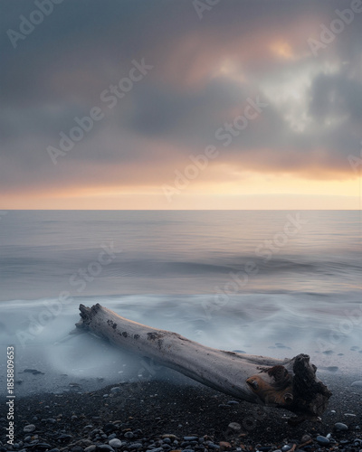 A weathered driftwood log rests on a rocky shoreline as soft waves wash over it during a moody sunrise. Atmospheric seascape with gentle light and dramatic clouds.